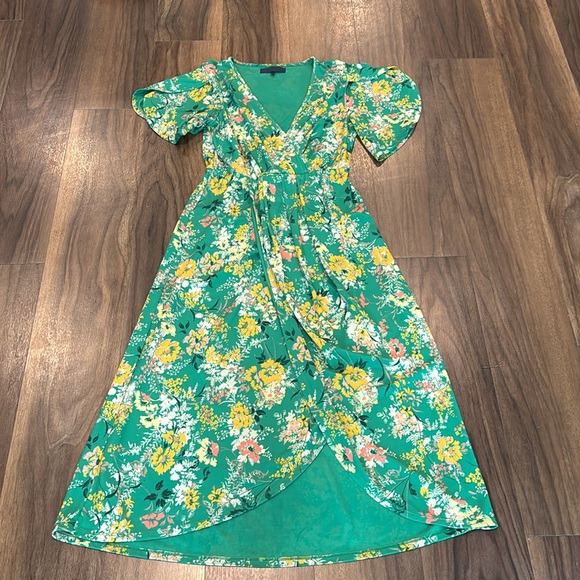 Rachel Rachel Roy Floral Printed Faux Wrap Midi Kelly Green Combo Dress M - Picture 3 of 13